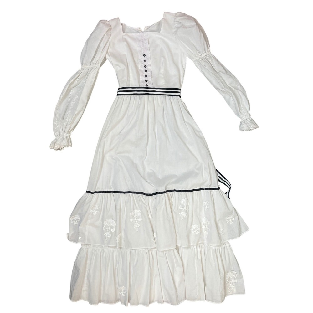 White Skull Embroidered Maxi Dress Costume Puff Sleeve Romance Pirate Cosplay - Picture 1 of 10